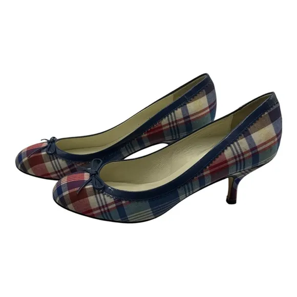 Bettye Muller Round Toe Red, Blue, &amp; Cream Plaid Heels Vintage Look 38.5 (US 8)