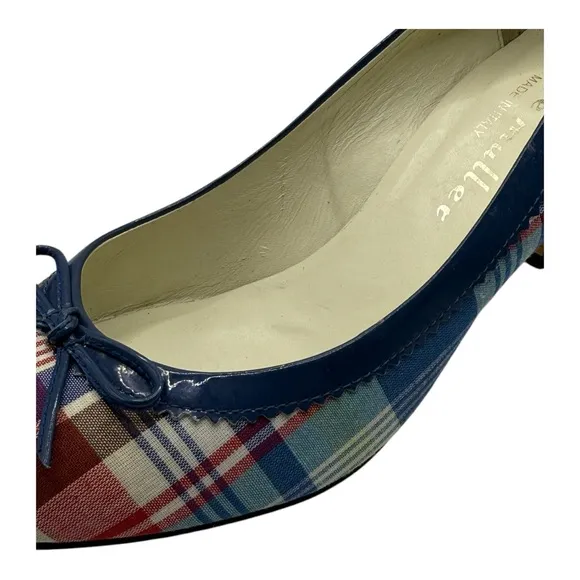 Bettye Muller Round Toe Red, Blue, &amp; Cream Plaid Heels Vintage Look 38.5 (US 8)