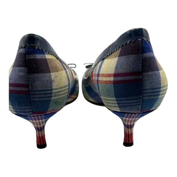 Bettye Muller Round Toe Red, Blue, &amp; Cream Plaid Heels Vintage Look 38.5 (US 8)