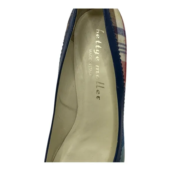 Bettye Muller Round Toe Red, Blue, &amp; Cream Plaid Heels Vintage Look 38.5 (US 8)