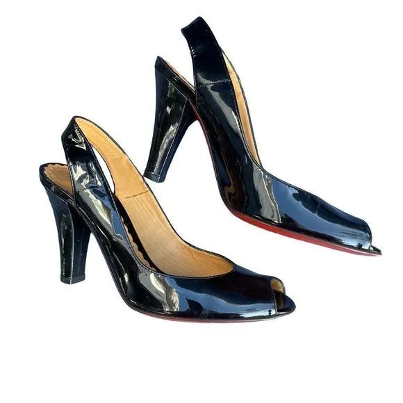 Bettye Muller Italian Black Patent Leather Peep Toe Slingback Heels‎  SZ 5.5 EUC
