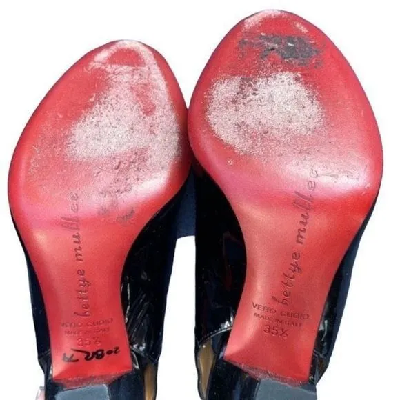 Bettye Muller Italian Black Patent Leather Peep Toe Slingback Heels‎  SZ 5.5 EUC