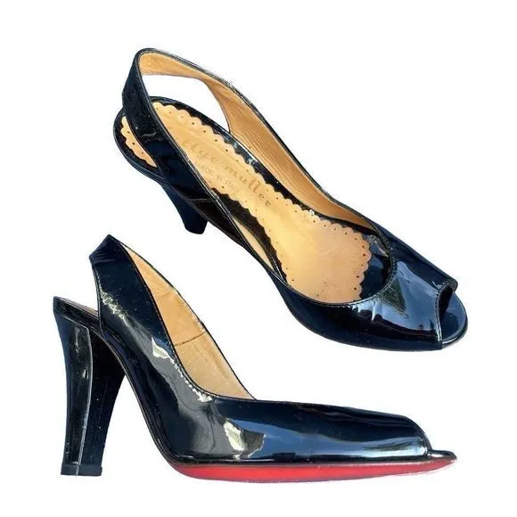 Bettye Muller Italian Black Patent Leather Peep Toe Slingback Heels‎  SZ 5.5 EUC