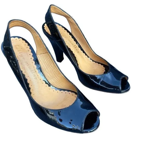 Bettye Muller Italian Black Patent Leather Peep Toe Slingback Heels‎  SZ 5.5 EUC