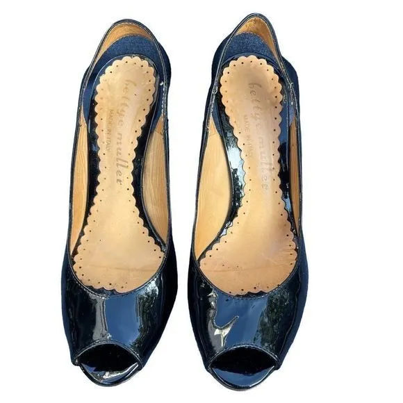 Bettye Muller Italian Black Patent Leather Peep Toe Slingback Heels‎  SZ 5.5 EUC