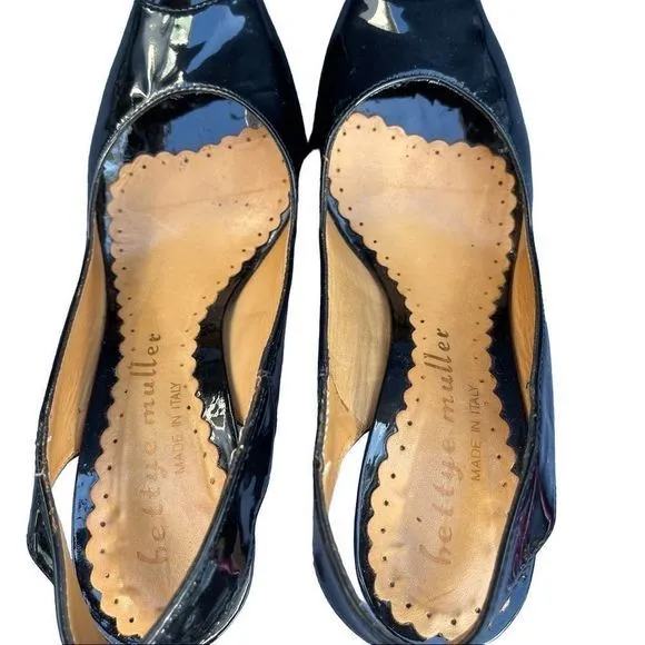 Bettye Muller Italian Black Patent Leather Peep Toe Slingback Heels‎  SZ 5.5 EUC