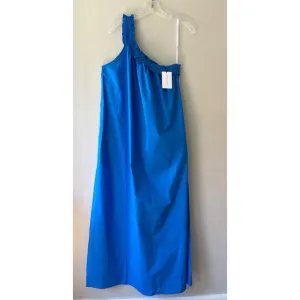 Bird n Knoll XL Blue Donatella Poplin Maxi Stretch Dress One Shoulder Pockets
