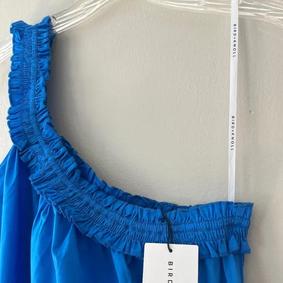 Bird n Knoll XL Blue Donatella Poplin Maxi Stretch Dress One Shoulder Pockets