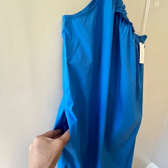 Bird n Knoll XL Blue Donatella Poplin Maxi Stretch Dress One Shoulder Pockets