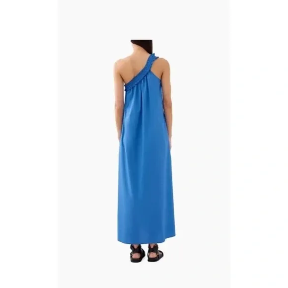 Bird n Knoll XL Blue Donatella Poplin Maxi Stretch Dress One Shoulder Pockets