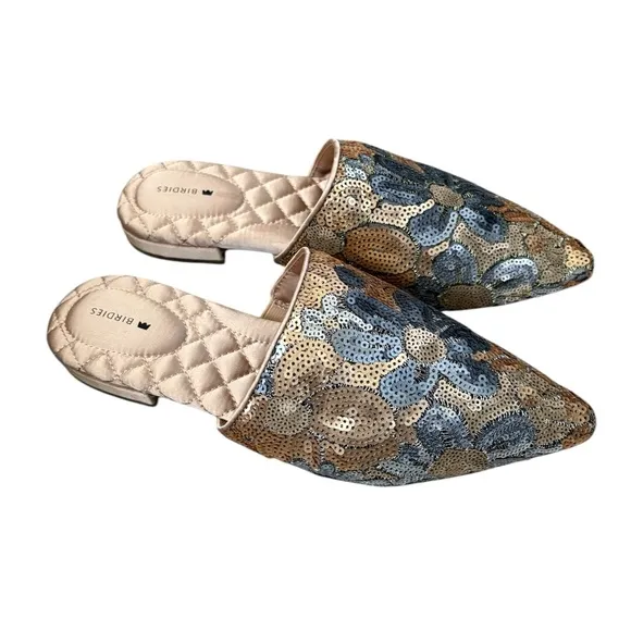 Birdies The Dove Gold Petal Sequin Floral Mules Gray/Gold Size 8.5
