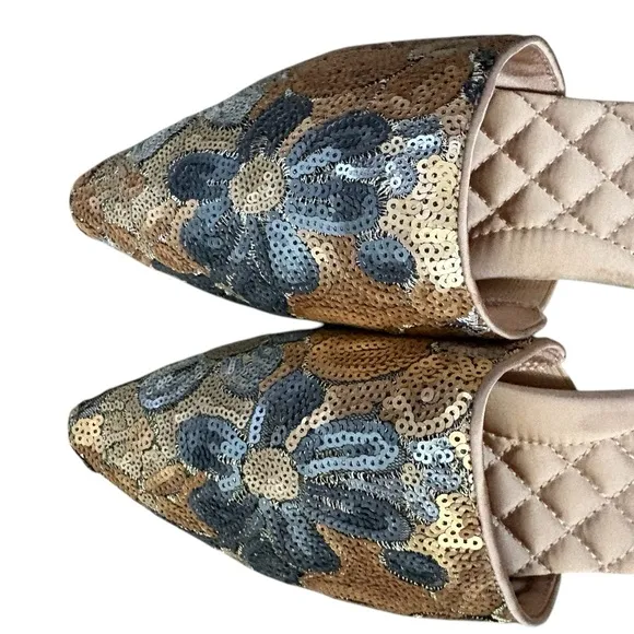Birdies The Dove Gold Petal Sequin Floral Mules Gray/Gold Size 8.5