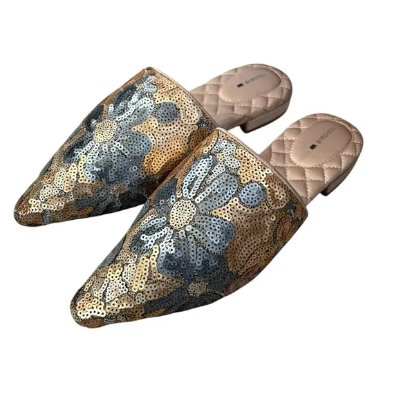 Birdies The Dove Gold Petal Sequin Floral Mules Gray/Gold Size 8.5