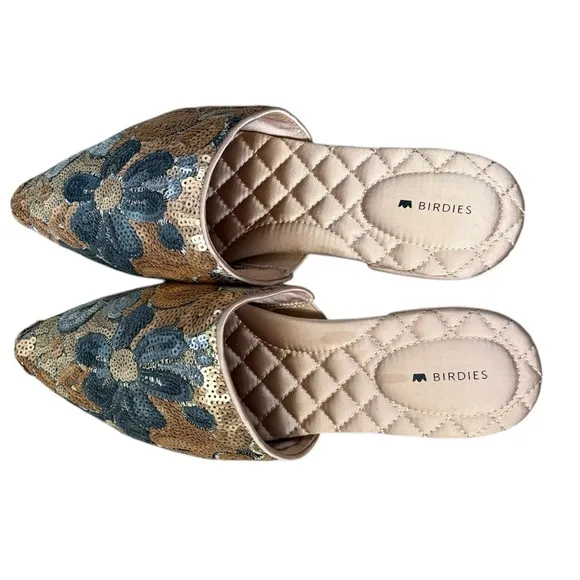 Birdies The Dove Gold Petal Sequin Floral Mules Gray/Gold Size 8.5