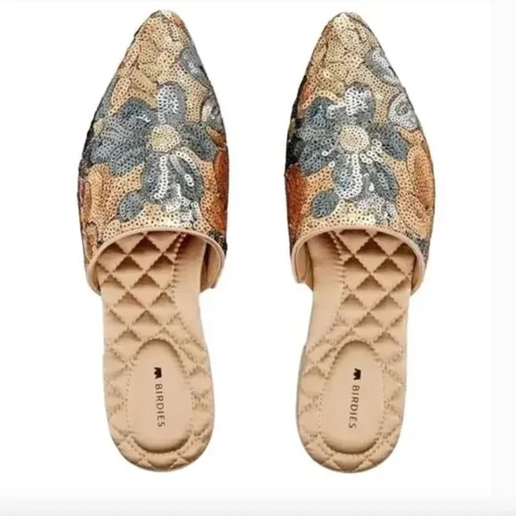 Birdies The Dove Gold Petal Sequin Floral Mules Gray/Gold Size 8.5