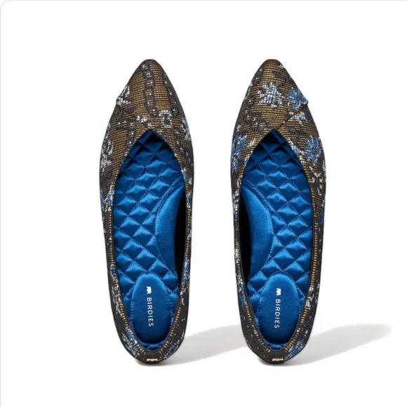 Birdies The  Goldfinch | Blue Floral Needlepoint Flats