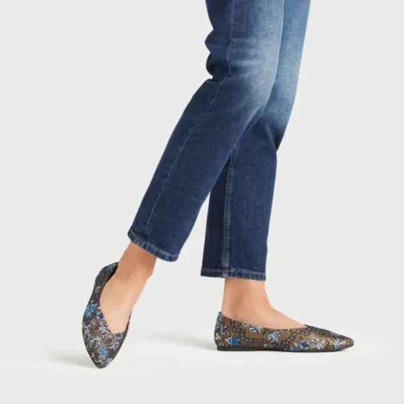 Birdies The  Goldfinch | Blue Floral Needlepoint Flats