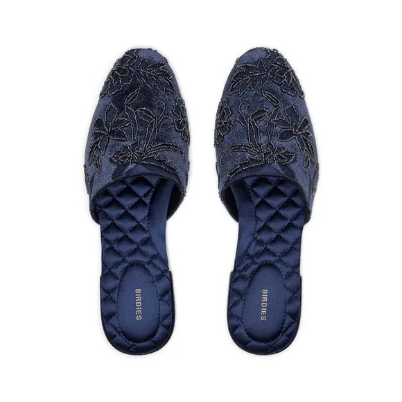 Birdies Women'sVelvet Beaded Navy Blue floral Embroidered mules woman size 9