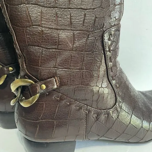 Biviel Chocolate Brown Croc Embossed Leather Mid Calf Riding Boots Size 7