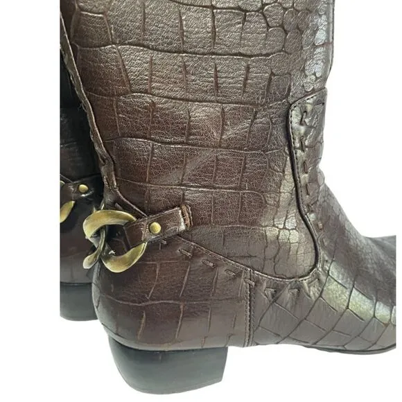 Biviel Chocolate Brown Croc Embossed Leather Mid Calf Riding Boots Size 7