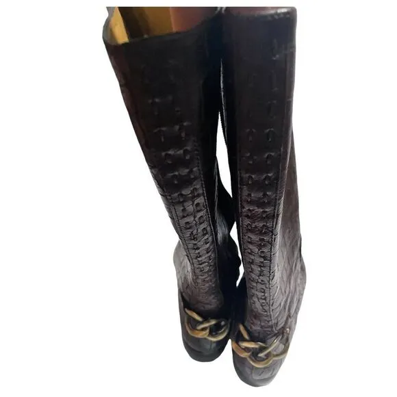 Biviel Chocolate Brown Croc Embossed Leather Mid Calf Riding Boots Size 7