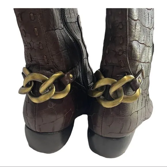 Biviel Chocolate Brown Croc Embossed Leather Mid Calf Riding Boots Size 7