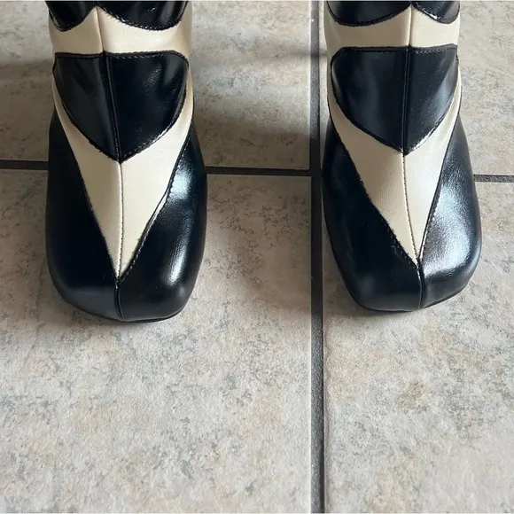 Black and Cream Faux Leather Knee High Calf Print Boots, Never Worn, sz 43