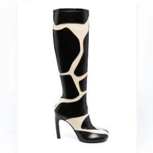 Black and Cream Faux Leather Knee High Calf Print Boots, Never Worn, sz 43