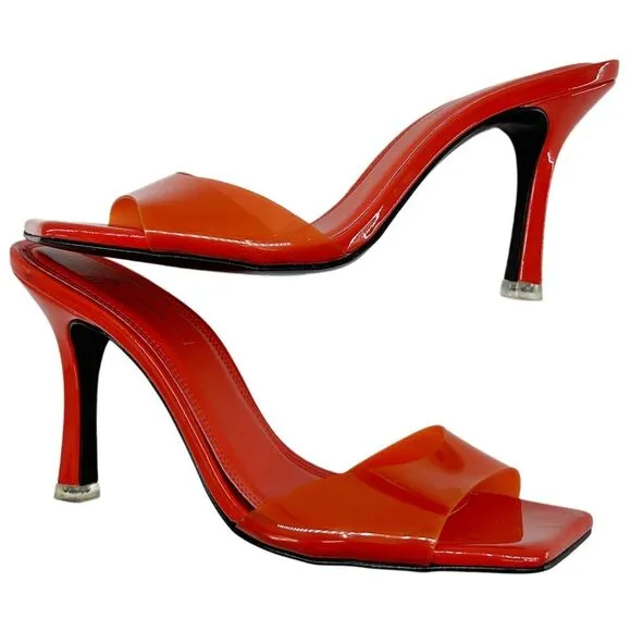 Black Suede Studio Transparent Square Toe Charlie Heel Orange 37.5, US 7.5