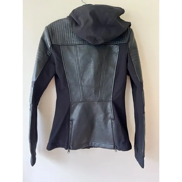 Blanc Noir Asym Hooded Moto Black Jacket Zip Pockets PU Leather Size S