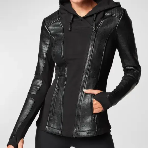 Blanc Noir Asym Hooded Moto Black Jacket Zip Pockets PU Leather Size S