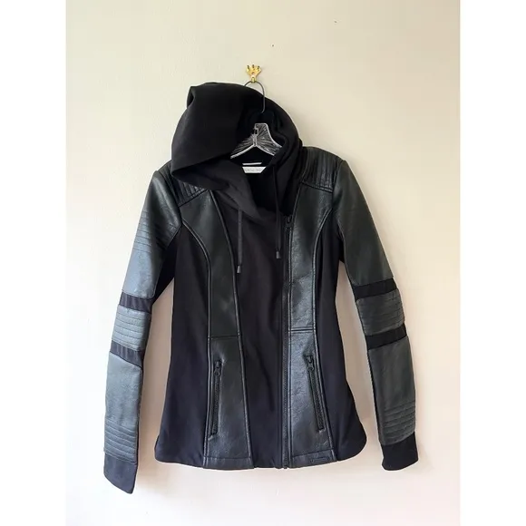 Blanc Noir Asym Hooded Moto Black Jacket Zip Pockets PU Leather Size S