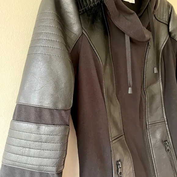 Blanc Noir Asym Hooded Moto Black Jacket Zip Pockets PU Leather Size S