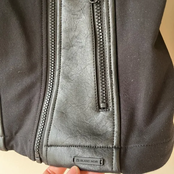 Blanc Noir Asym Hooded Moto Black Jacket Zip Pockets PU Leather Size S