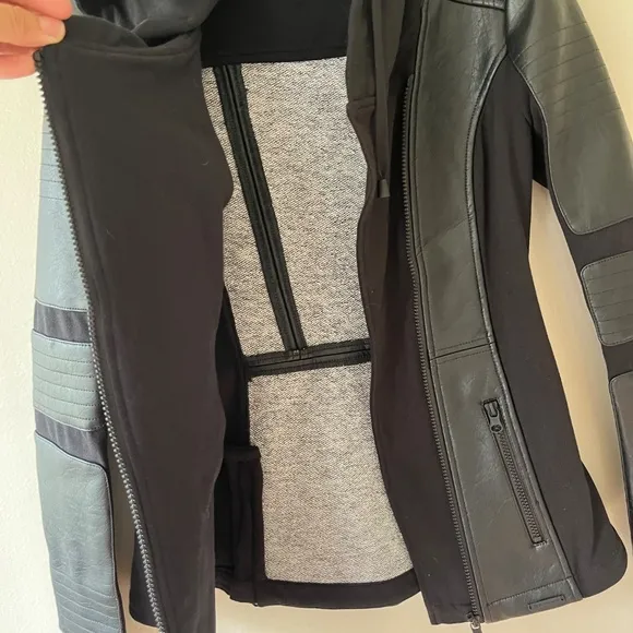 Blanc Noir Asym Hooded Moto Black Jacket Zip Pockets PU Leather Size S