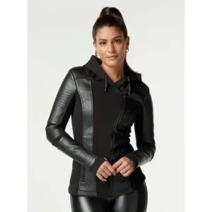 Blanc Noir Asym Hooded Moto Black Jacket Zip Pockets PU Leather Size S