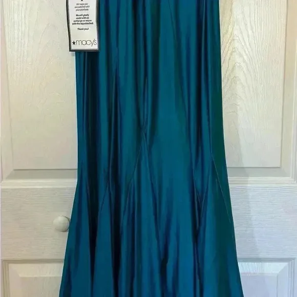 BLONDIE NITES Teal Pleated Strappy Billowy Hem Spaghetti Strap Sweetheart Neck