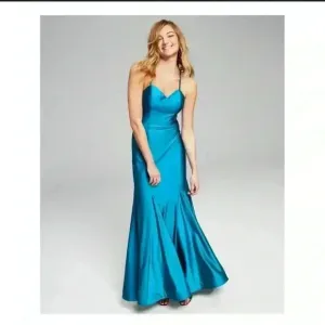 BLONDIE NITES Teal Pleated Strappy Billowy Hem Spaghetti Strap Sweetheart Neck