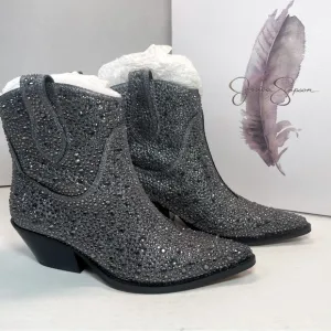 BNIB FIRST QUALITY Jessica Simpson Pewter Tamira 2 Rhinestone Ankle Boots 5.5M