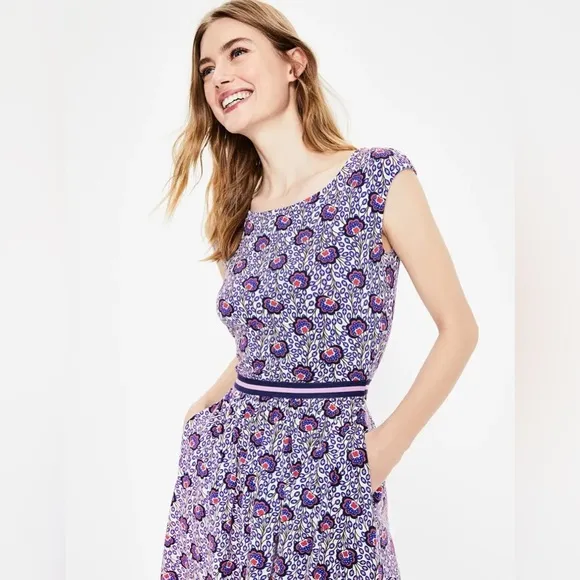 Boden Floral Jersey Print Bernice CapSleeve Fit &amp; Flare Dress US 4R