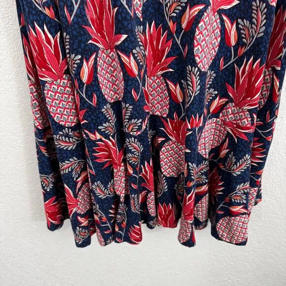 Boden Fluted Hem Jersey Knit High-Low Midi Skirt Pineapple Print Blue / Red 8