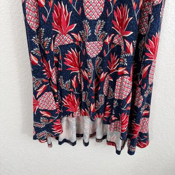 Boden Fluted Hem Jersey Knit High-Low Midi Skirt Pineapple Print Blue / Red 8