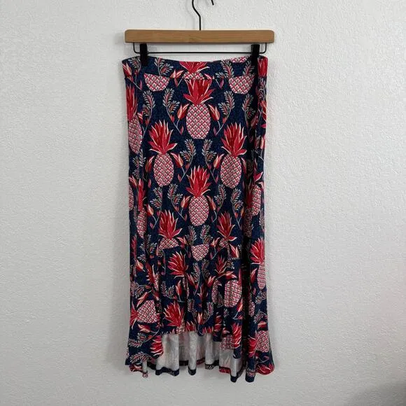 Boden Fluted Hem Jersey Knit High-Low Midi Skirt Pineapple Print Blue / Red 8