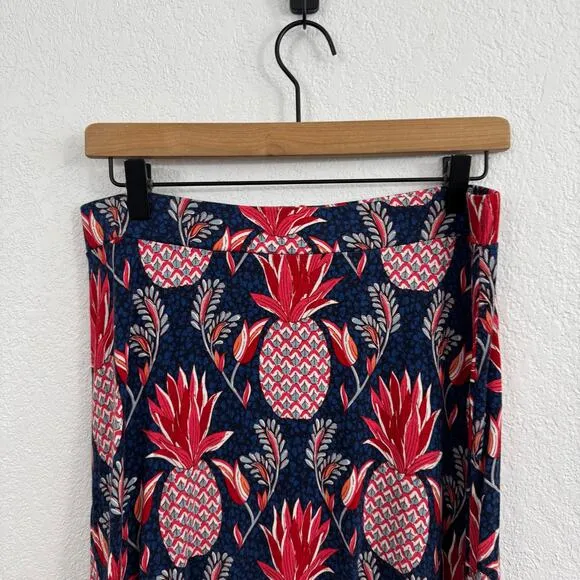 Boden Fluted Hem Jersey Knit High-Low Midi Skirt Pineapple Print Blue / Red 8