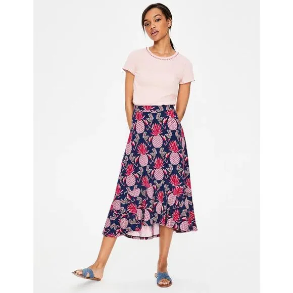 Boden Fluted Hem Jersey Knit High-Low Midi Skirt Pineapple Print Blue / Red 8