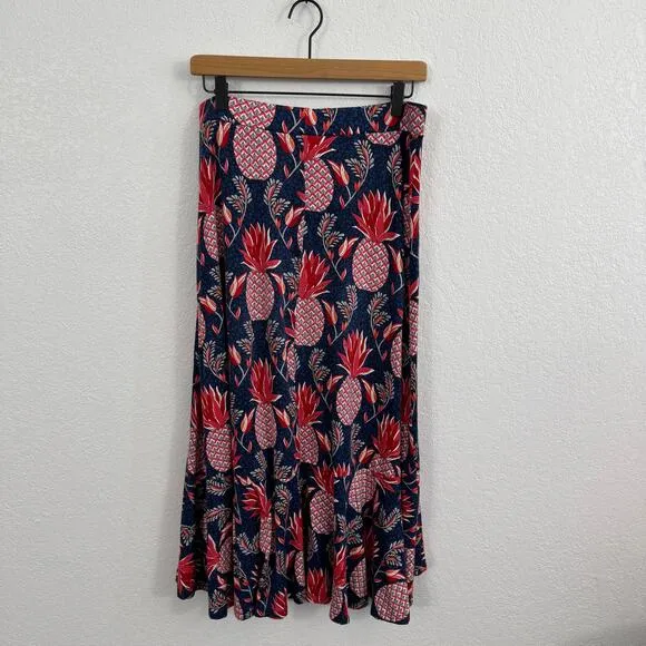 Boden Fluted Hem Jersey Knit High-Low Midi Skirt Pineapple Print Blue / Red 8