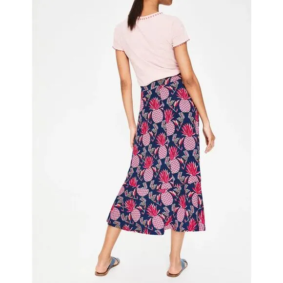 Boden Fluted Hem Jersey Knit High-Low Midi Skirt Pineapple Print Blue / Red 8