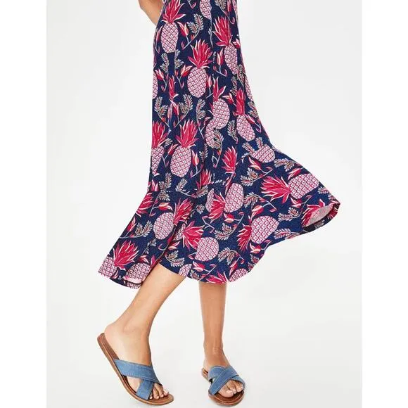 Boden Fluted Hem Jersey Knit High-Low Midi Skirt Pineapple Print Blue / Red 8