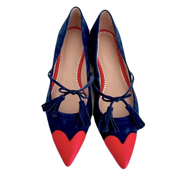 Boden Navy Suede and Poppy Red Leather Mary Jane Tassel Tie Point Flats, Size 40
