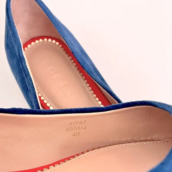 Boden Navy Suede and Poppy Red Leather Mary Jane Tassel Tie Point Flats, Size 40